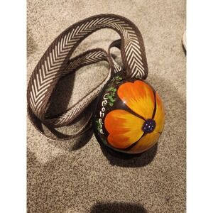 Hand Painted‎ Flower Art Small Round Purse with Woven Shoulder Strap